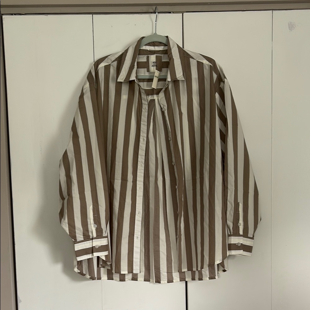 Aerie Brown and White Striped Button Down Shirt